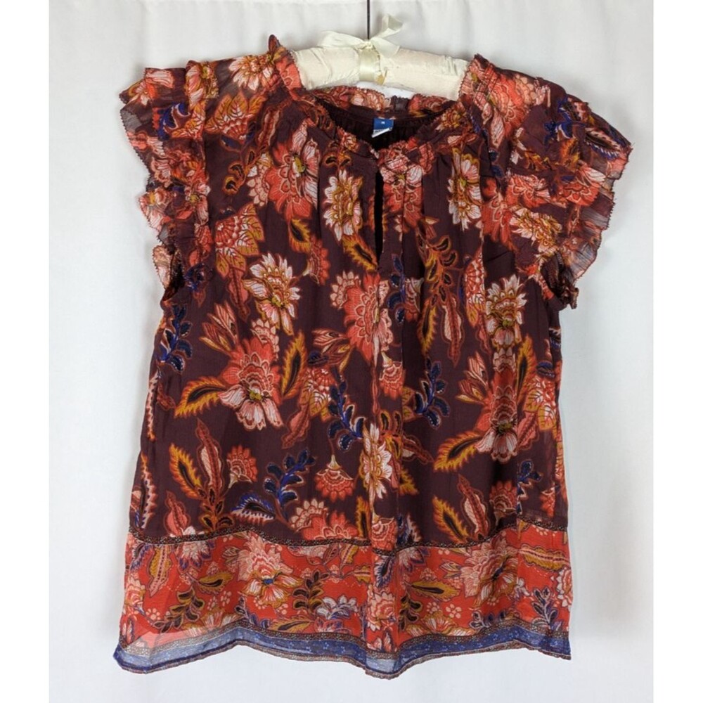 Old Navy Orange Floral Paisley Ruffle Sleeve Keyhole Neck Chiffon Blouse M Fall